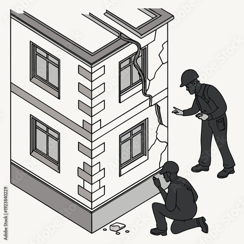 Engineers inspecting damaged building corner building inspection