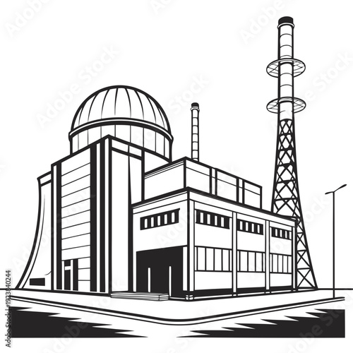 Black and white of a nuclear power plant with cooling tower