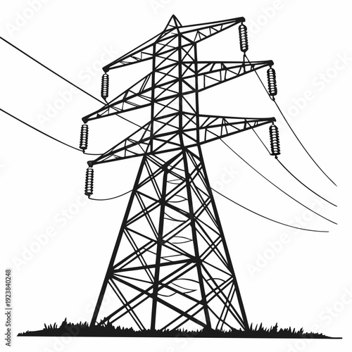 Black power transmission tower with insulators and wires on grass