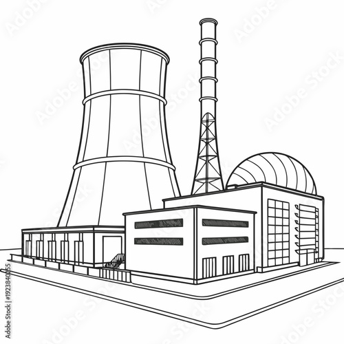 Nuclear power plant with cooling tower and smokestack