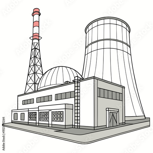 Nuclear power plant with cooling tower and reactor building 1