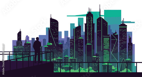 A futuristic cityscape at night with a person standing on a bridge overlooking a vibrant, green and blue illuminated skyline.