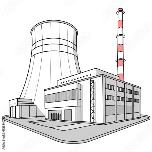 Nuclear power plant with cooling tower and smokestack 1