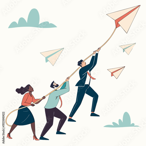 Business team launching paper airplanes collaboration