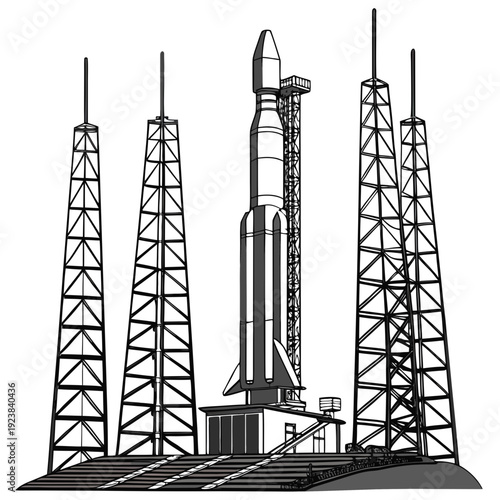 Black and white of a rocket on a launchpad with towers