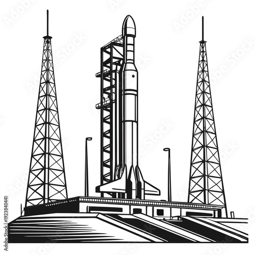 Black and white of a rocket on a launchpad with towers 1