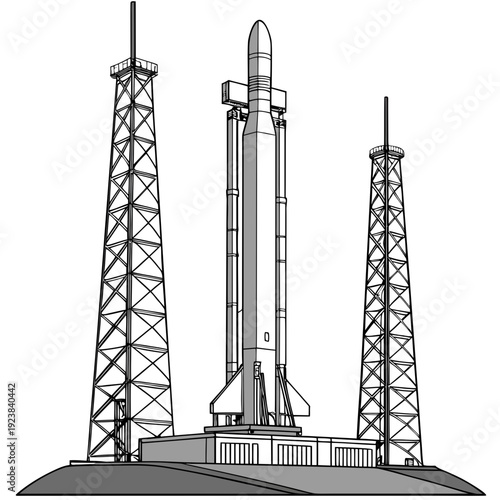 Gray and black of a rocket on a launchpad space