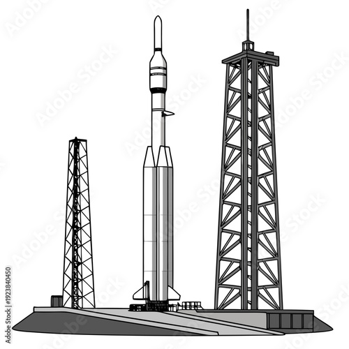 Grayscale of rocket on launchpad with service towers