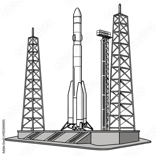 Grayscale of a rocket on a launchpad with towers space