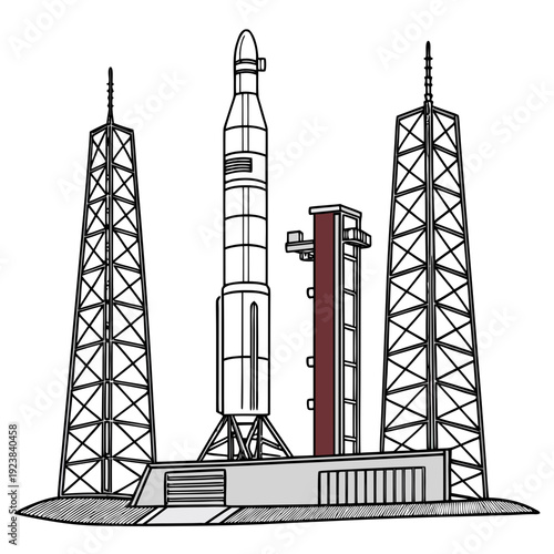 Space launch pad with rocket and service towers spacecraft