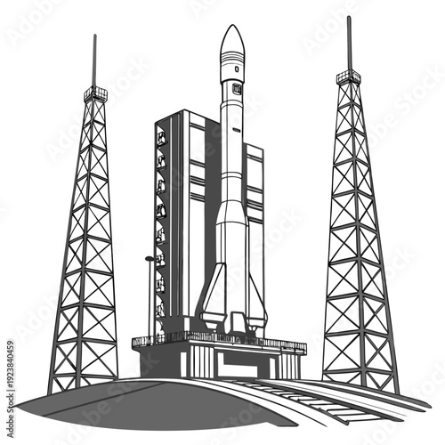 Rocket on launchpad with towers space shuttle