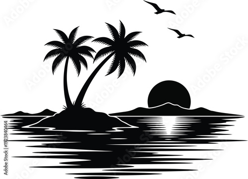 Island Sunset with Palm Trees & Flying Birds – Minimalist Black-and-White Silhouette for Travel, Resorts & Summer Branding