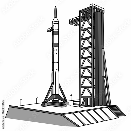Grayscale rocket on launchpad with service tower spacecraft