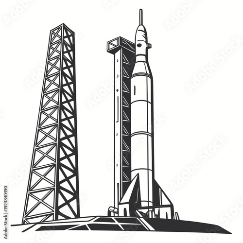 Black and white of a rocket on a launchpad space launch vehicle