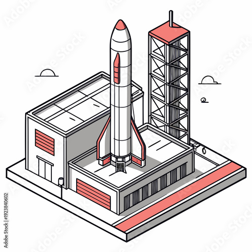 Isometric view of a white and red rocket on a launchpad