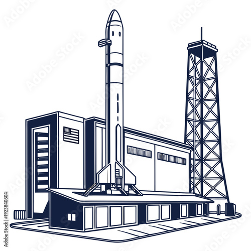 Navy blue of rocket on launchpad with tower and hangar