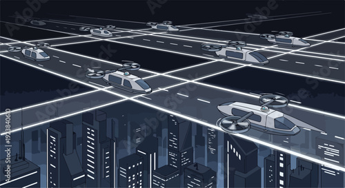 A futuristic cityscape at night with a sleek, high-tech road system and skyline view.