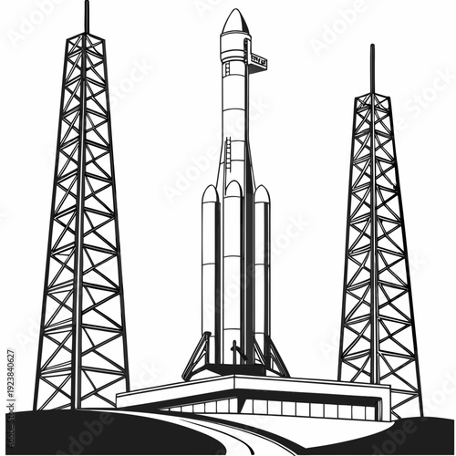 Black and white of rocket on launchpad with towers