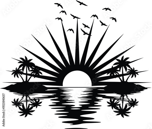 Tropical Sunset with Palm Trees & Flying Birds – Silhouette Vector Art for Travel, Resorts & Summer Branding