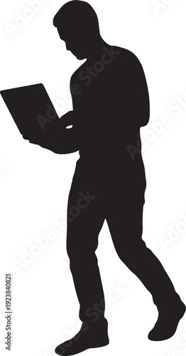 Freelancer Walking While Using Laptop Silhouette Vector Illustration.