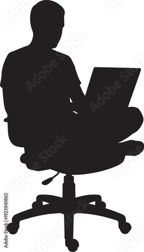 Freelancer Sitting on Office Chair Using Laptop Silhouette Vector.