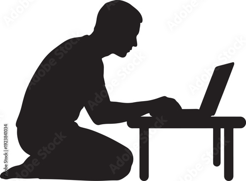 Freelancer Kneeling at Low Table Working on Laptop Silhouette Vector.