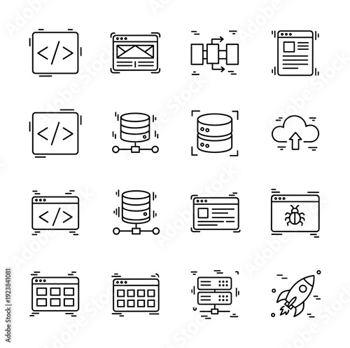 Collection of technology and programming icons representing coding, databases, and cloud services