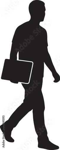 Freelancer Walking with Laptop in Hand Silhouette Vector Illustration.