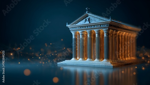 Digital ancient greek building wireframe model columns glowing orange and blue lights network connections abstract concept future technology finance investment growth