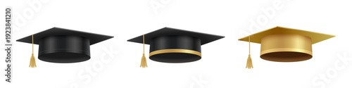 Black and golden graduation caps. Academic hats with tassel symbolizing success, achievement, and university or school graduation ceremony. Education concept. Vector illustration.
