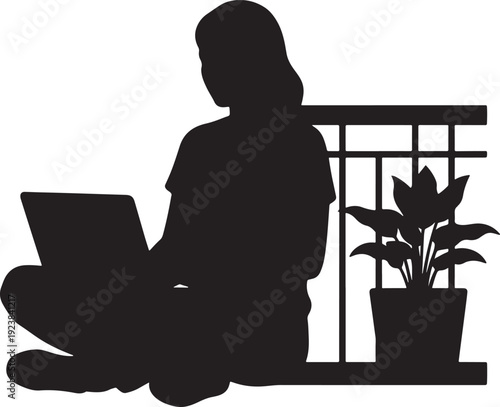Female Freelancer Sitting Cross Legged with Laptop Silhouette Vector.