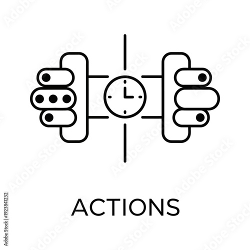 Minimalist flat vector illustration of a hand clicking a play button on a media player interface, symbolizing action, start, or video launch in digital and business contexts.