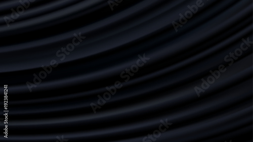 Luxury black silk curtain background. Wavy satin cloth banner. Dark fabric waves form soft folds with smooth shadows and subtle shine. Elegant realistic vector illustration.