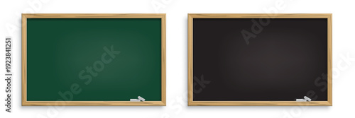 School blackboard background. Empty black and green chalk boards with wooden frames and white chalk pieces. Education and learning concept. Back to school horizontal background. Vector illustration.