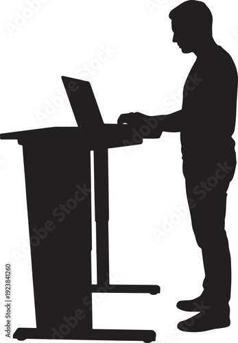 Freelancer Working at Standing Desk with Laptop Silhouette Vector.
