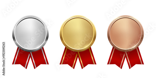 Gold, silver, and bronze medals. Realistic 3D award medals with red ribbons, symbolizing first, second, and third place in sports, competitions, athletic events. Vector illustration.