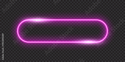 Neon glow light rounded rectangle frame. Led rectangular game button. Purple light outline on transparent with soft luminous effect. Futuristic UI element. Colorful geometric vector illustration.