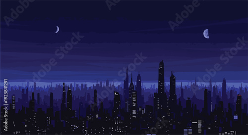 A futuristic city skyline at night with a dark blue sky and two crescent moons visible above the towering skyscrapers.