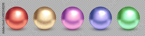 Metal balls. 3D color metallic spheres with reflections and shadows. Set of shiny reflective green, blue, violet, golden, red beads. Realistic vector illustration.