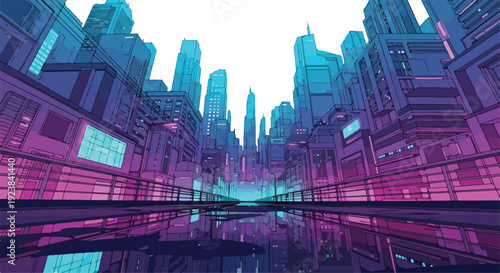 A futuristic cityscape at night with a vibrant pink and blue skyline featuring sleek skyscrapers and neon lights reflecting off the buildings.