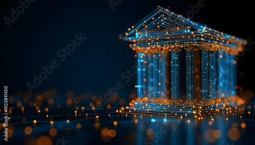 Abstract financial temple composed of vertical light beams and golden particles against deep blue blurred background showing strength and stability in modern digital economy development art