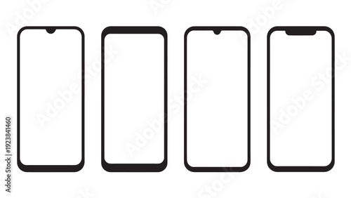Four distinct vector illustrations of smartphones and mobile devices, showcasing various screen notches and edge designs for technology and app-related use.
