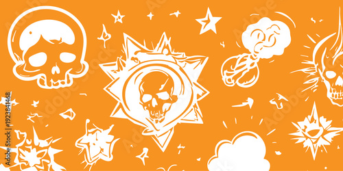 Vibrant orange background with white celestial and skull illustrations