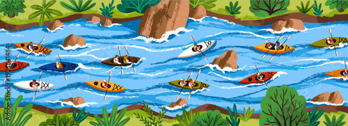 People are kayaking together top view. Group of men and women is rafting mountain river. Friends in boats are floating, rowing among stones on water. Extreme sport. Flat vector illustration.