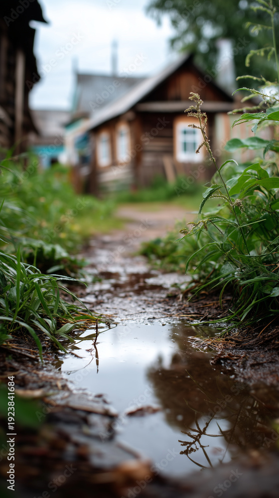 Naklejka premium vertical photo of small wooden houses with wet yard soil and puddles after rain, soft diffused daylight, authentic rural background