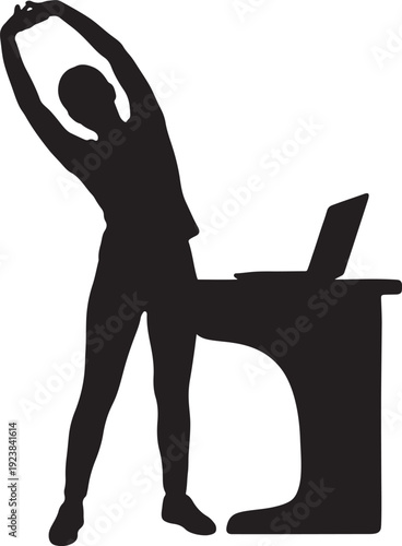 Freelancer Stretching at Desk During Work Break Silhouette Vector Illustration.