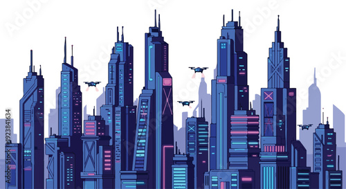 Illustration of a futuristic city skyline at night with sleek skyscrapers and flying vehicles against a dark blue and purple background.