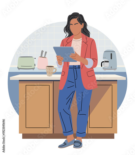 Freelancer woman using a tablet in a modern kitchen with pastel appliances. Stylized flat vector illustration isolated on transparent backgrpund