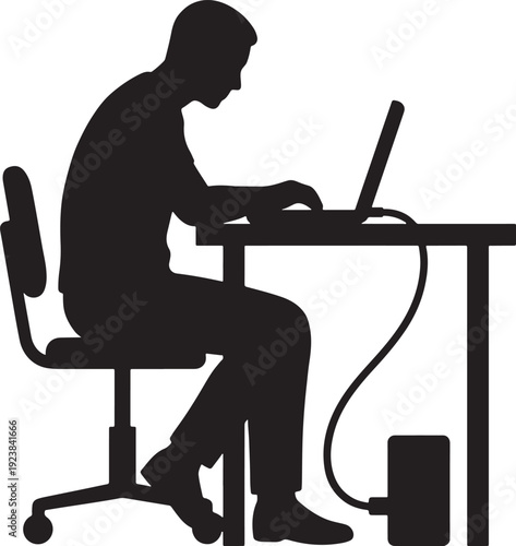 Freelancer Man Typing on Laptop at Desk Home Office Silhouette Vector.