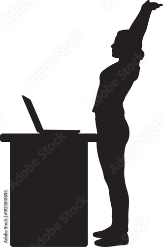 Remote Worker Raising Arms While Standing at Desk Silhouette Vector.